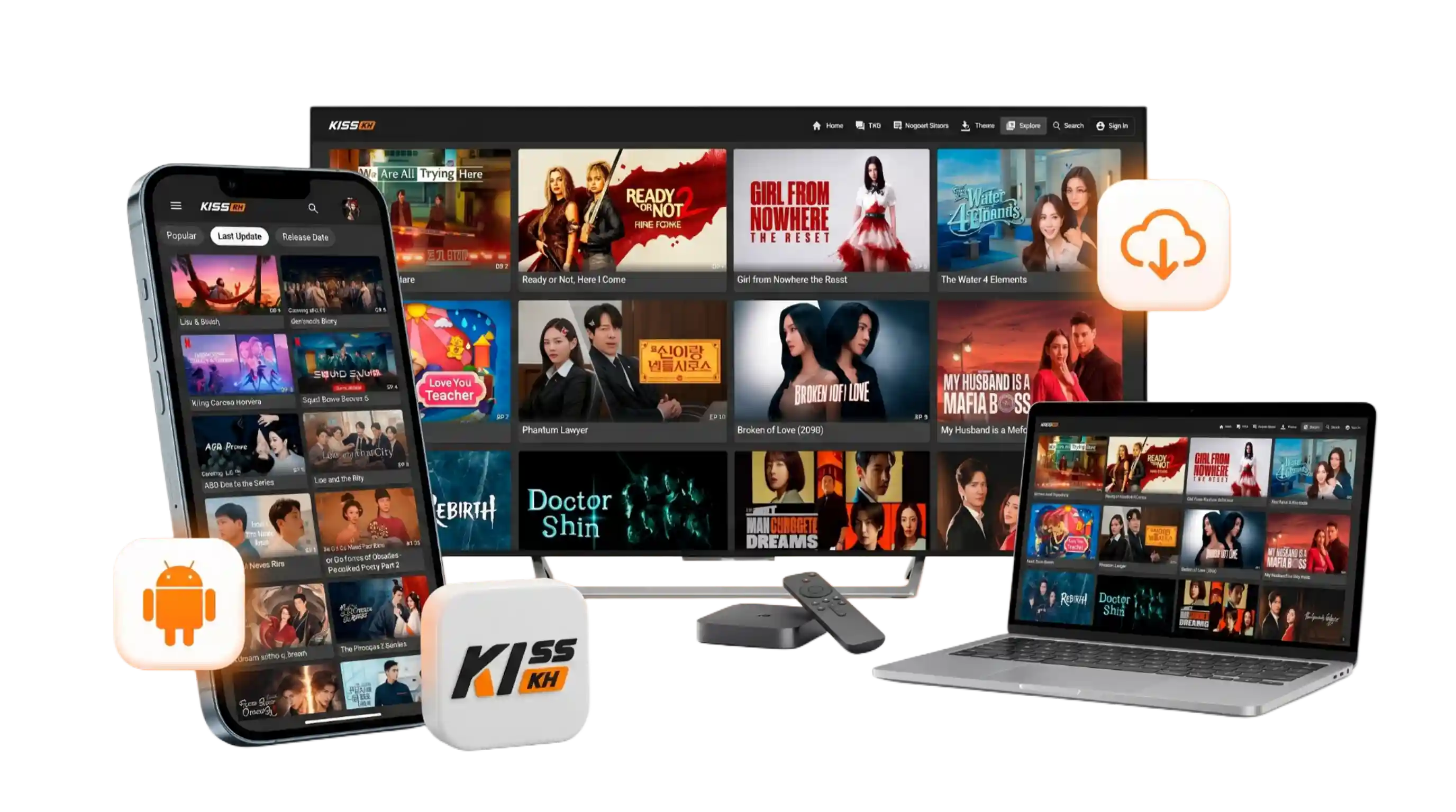 Kisskh app running on phone, TV, and laptop